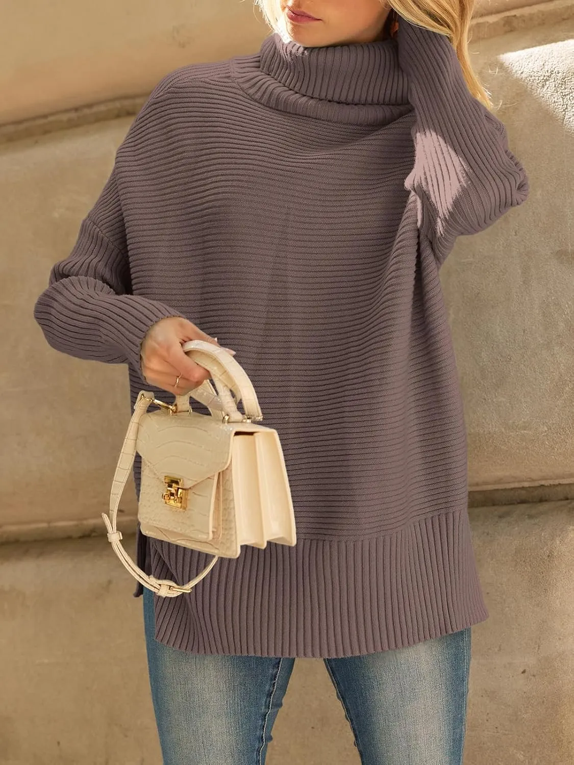 LILLUSORY Women's Oversized Turtleneck Sweaters Fall Batwing Sleeve Ribbed Tunic Sweater