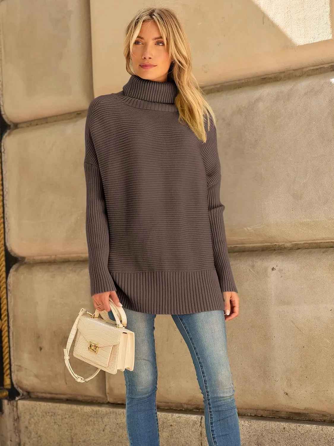 LILLUSORY Women's Oversized Turtleneck Sweaters Fall Batwing Sleeve Ribbed Tunic Sweater