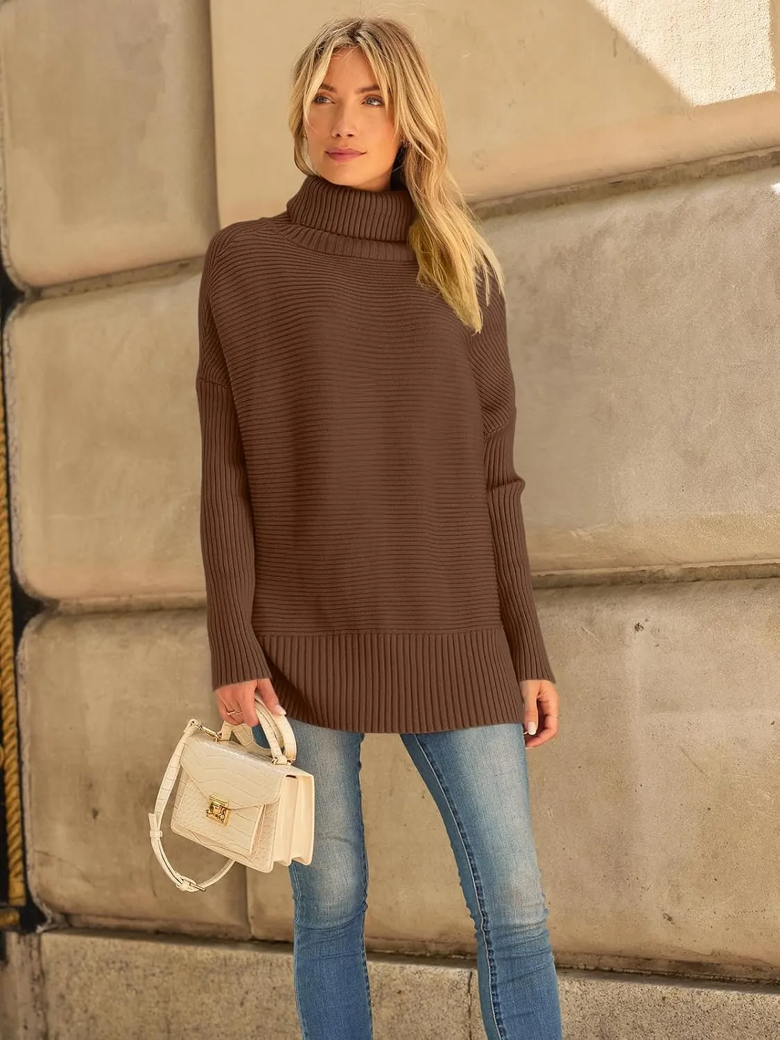 LILLUSORY Women's Oversized Turtleneck Sweaters Fall Batwing Sleeve Ribbed Tunic Sweater