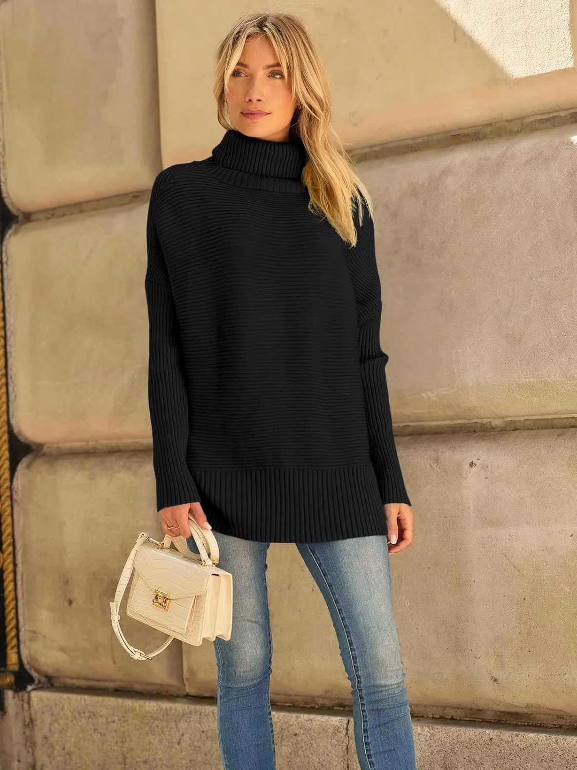 LILLUSORY Women's Oversized Turtleneck Sweaters Fall Batwing Sleeve Ribbed Tunic Sweater
