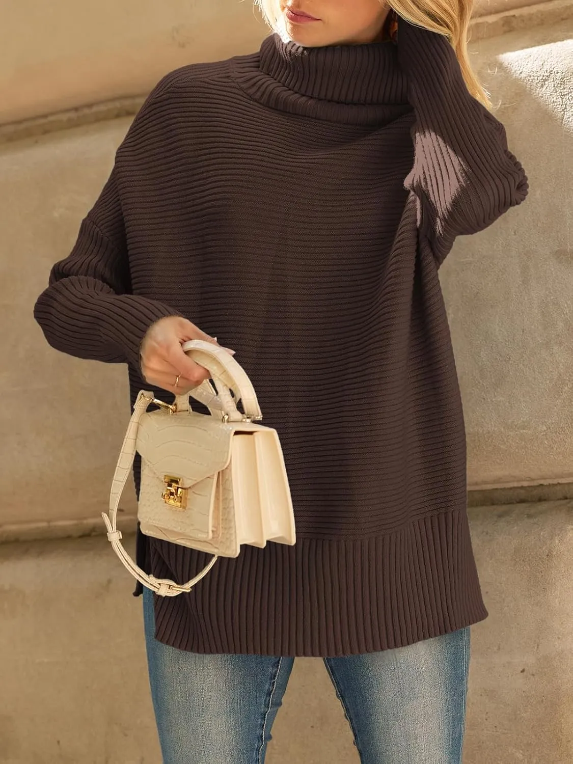 LILLUSORY Women's Oversized Turtleneck Sweaters Fall Batwing Sleeve Ribbed Tunic Sweater
