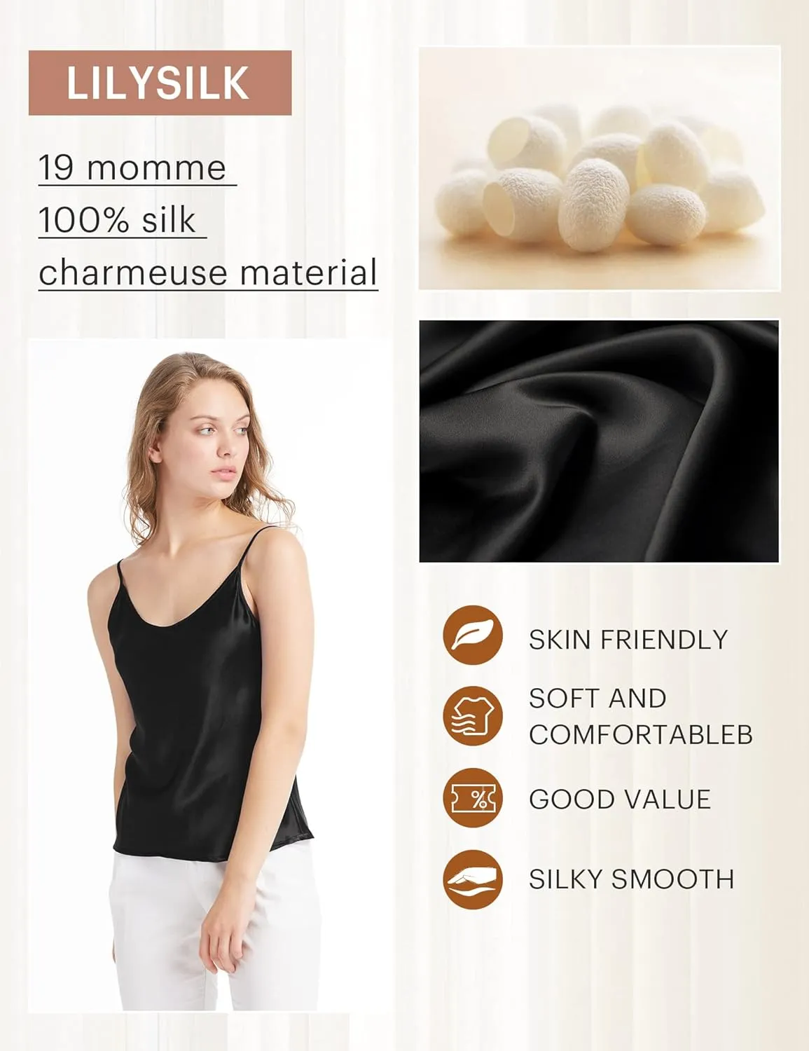 LilySilk Womens Silk Camisole 100% 19MM Mulberry Silk Basic Tank Tops Summer Casual Classic Top Loose