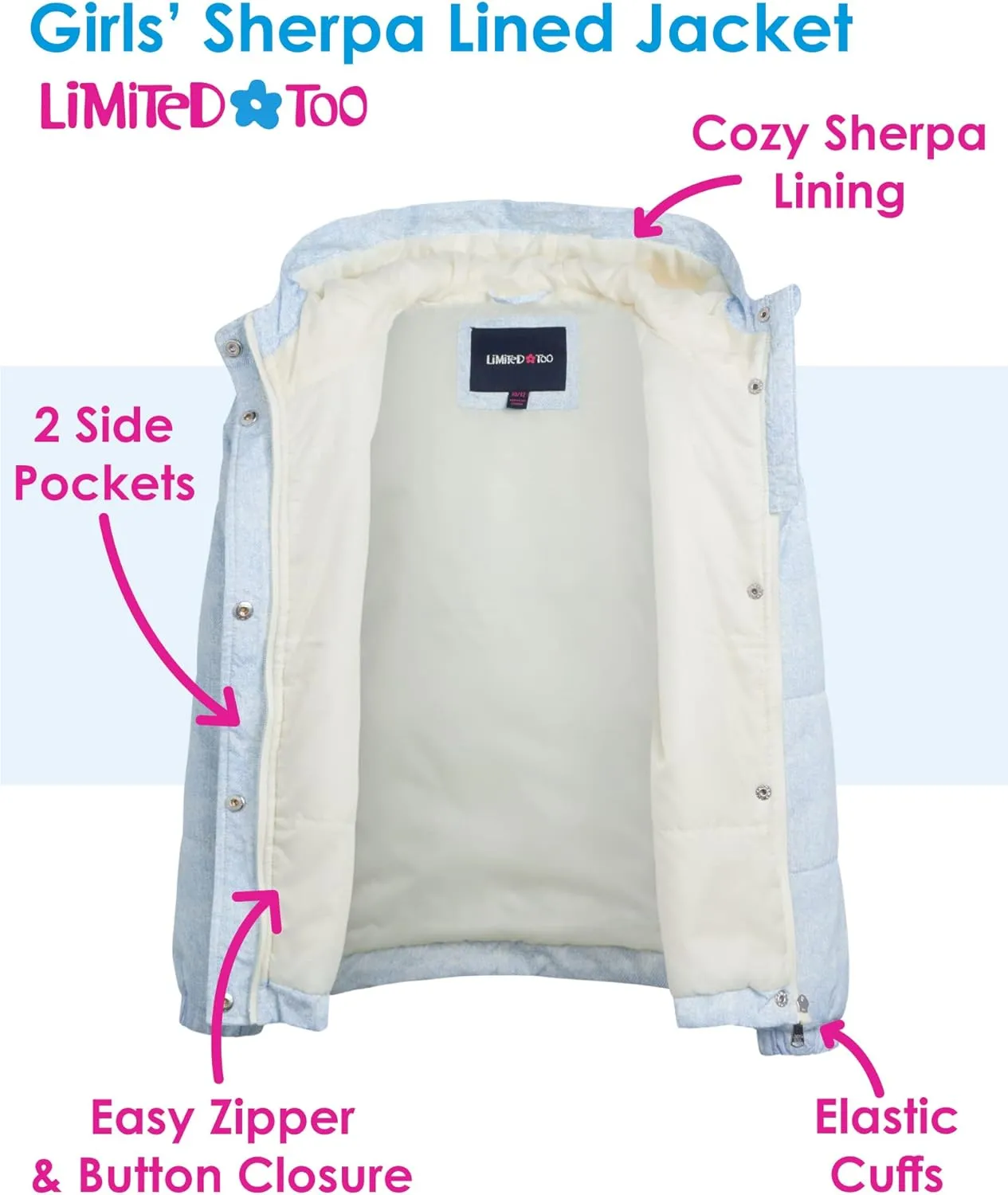 Limited Too Girls' Coat - Sherpa Lined Fleece Sweatshirt Jacket (7-16)