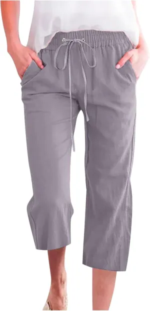 Linen Pants for Women Casual Lightweight High Waisted Capri Pants Summer Drawstring Wide Leg Trousers with Pocket
