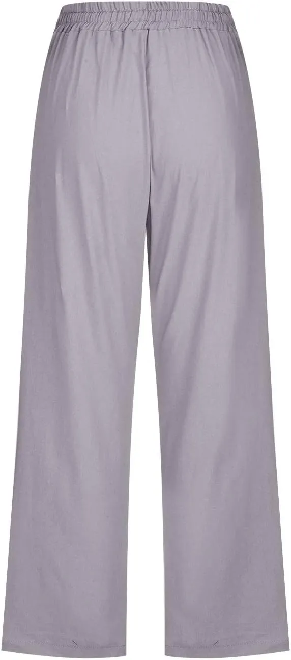 Linen Pants for Women Casual Lightweight High Waisted Capri Pants Summer Drawstring Wide Leg Trousers with Pocket