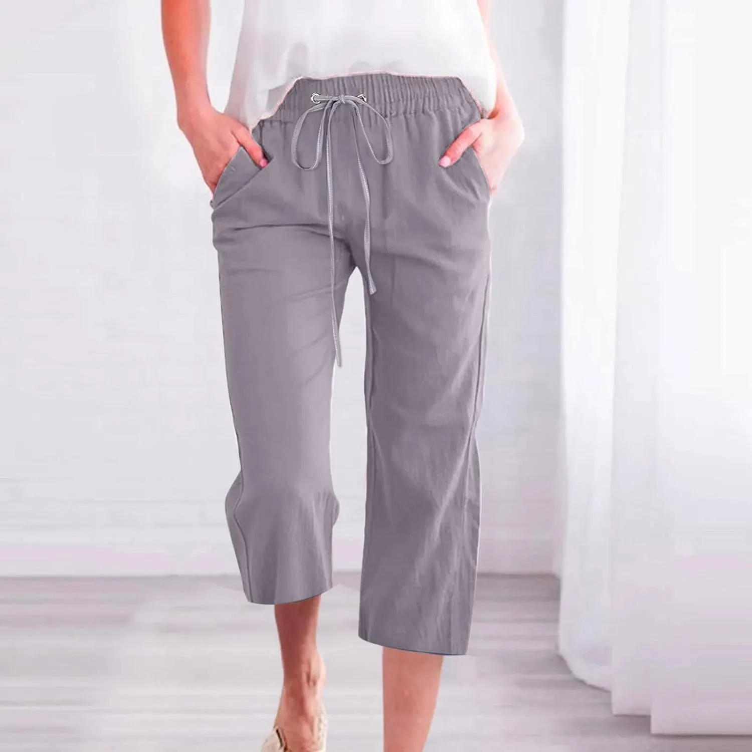 Linen Pants for Women Casual Lightweight High Waisted Capri Pants Summer Drawstring Wide Leg Trousers with Pocket