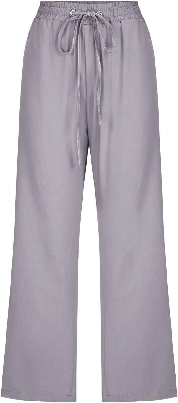 Linen Pants for Women Casual Lightweight High Waisted Capri Pants Summer Drawstring Wide Leg Trousers with Pocket