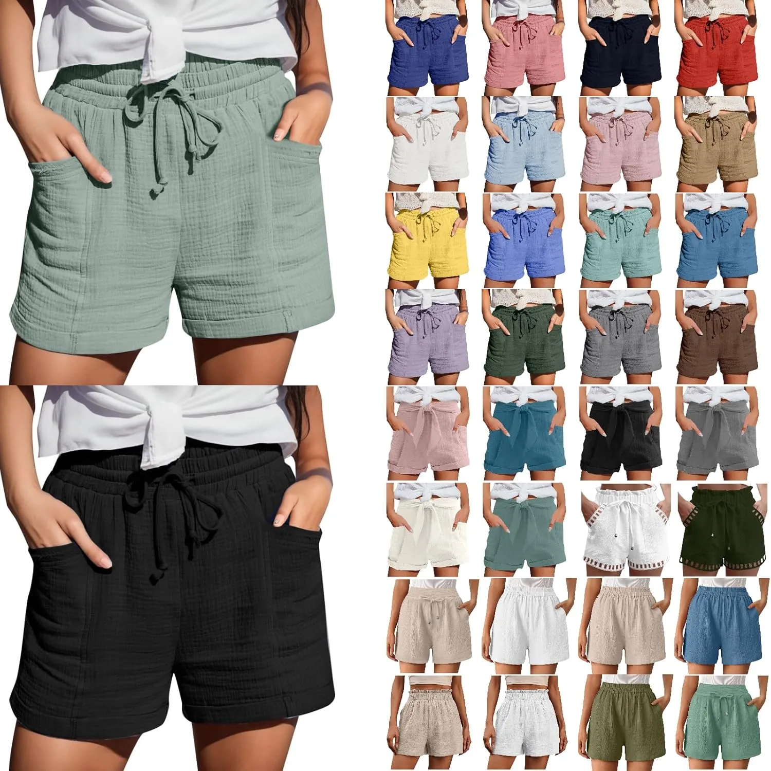 Linen Shorts for Women Elastic Waist Drawstring Shorts Summer Casual Lightweight Lounge Beach Shorts with Pockets
