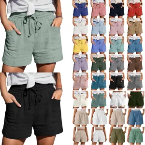 Linen Shorts for Women Elastic Waist Drawstring Shorts Summer Casual Lightweight Lounge Beach Shorts with Pockets