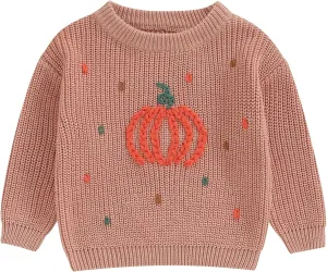 Little Kids Halloween Sweater Pumpkin/Ghost Embroidery Sweater Chunky Long Sleeve Pullover Sweater Warm Knit Top