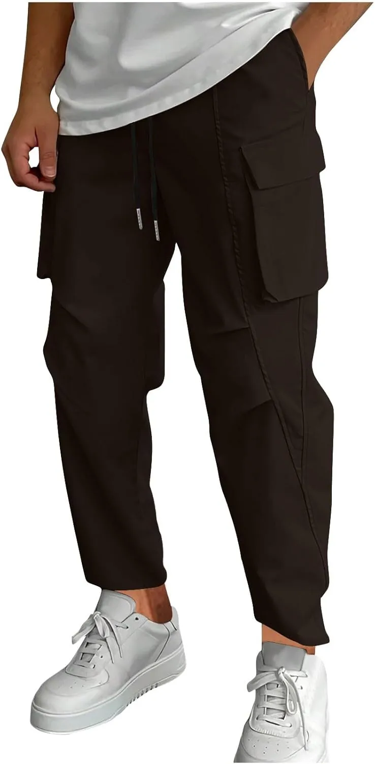 Lmdudan Men's Casual Cargo Pants Workout Joggers Stretch Sweatpants Outdoor Hiking Drawstring Tactical Pant with Multi Pocket
