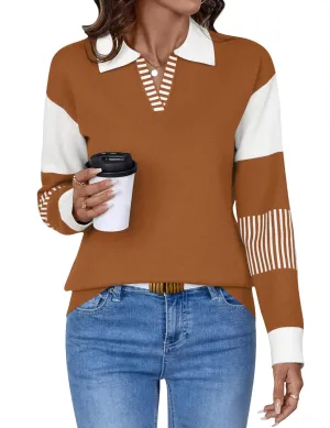 LOMON V Neck Long Sleeve Loose Sweaters Color Block Striped Knitted Pullover Jumper Tops