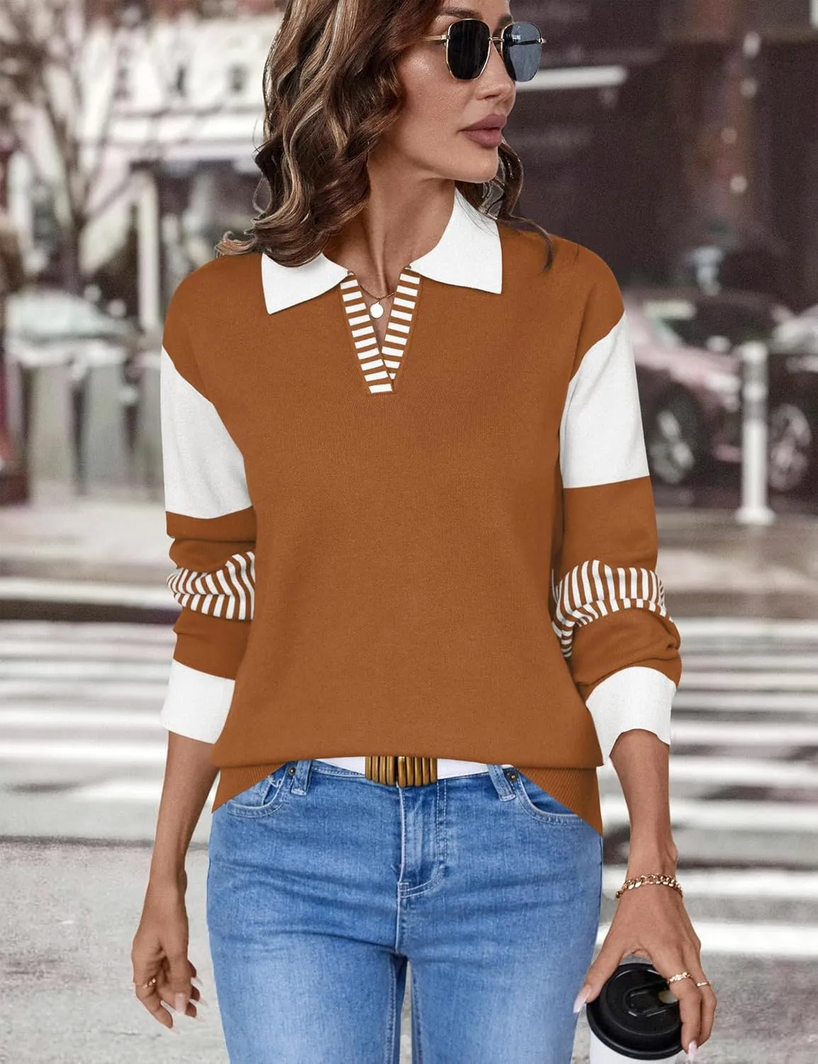 LOMON V Neck Long Sleeve Loose Sweaters Color Block Striped Knitted Pullover Jumper Tops