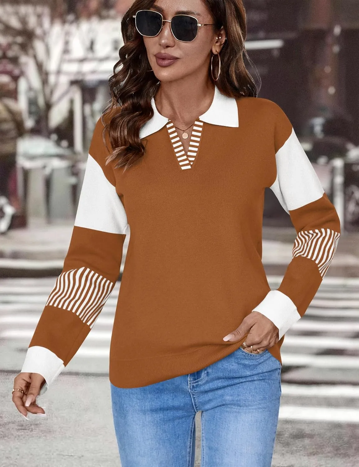 LOMON V Neck Long Sleeve Loose Sweaters Color Block Striped Knitted Pullover Jumper Tops