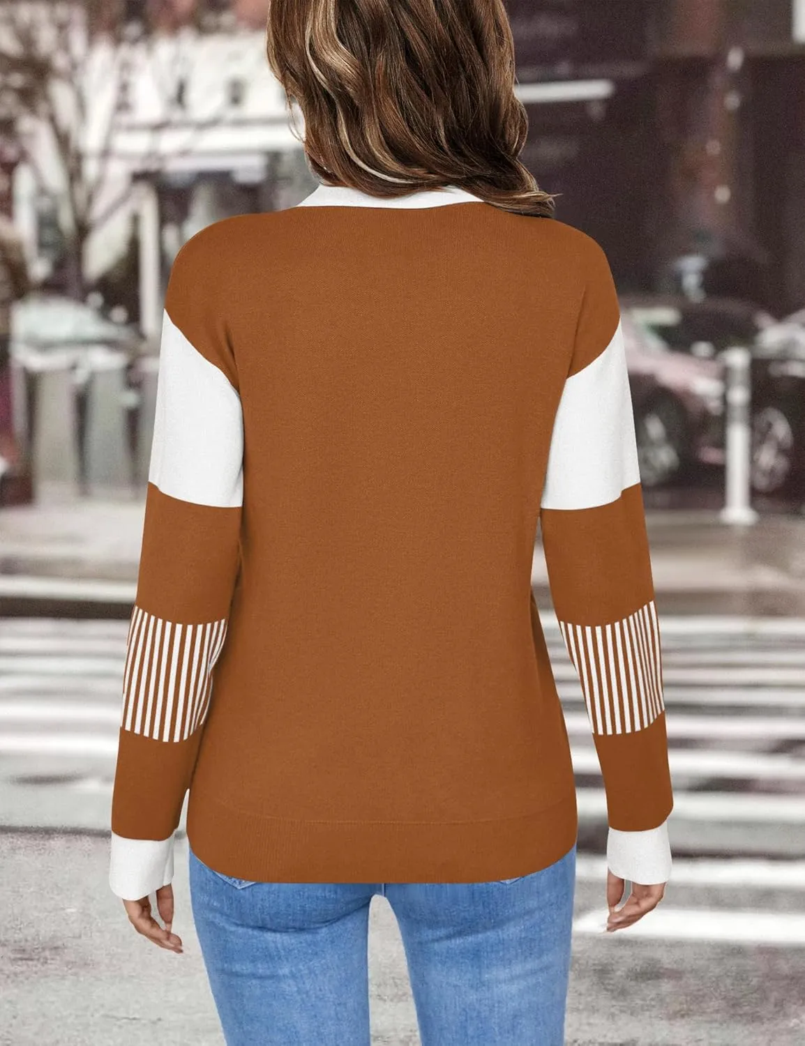 LOMON V Neck Long Sleeve Loose Sweaters Color Block Striped Knitted Pullover Jumper Tops