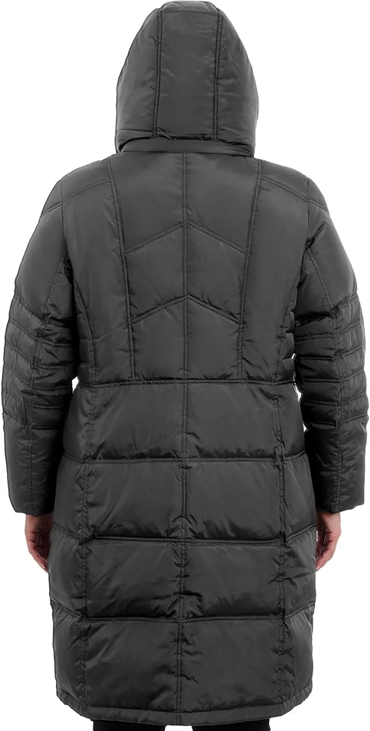 LONDON FOG Women's Plus-Size Mid-Length Faux-Fur Collar Down Coat with Hood