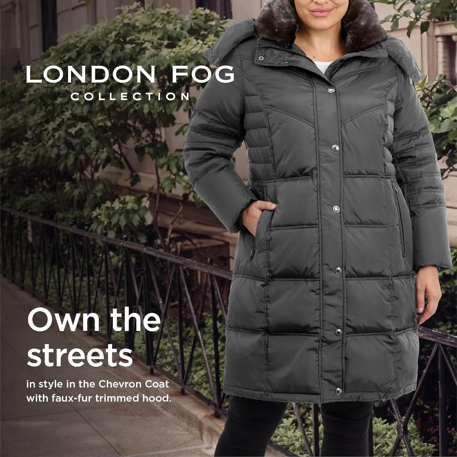 LONDON FOG Women's Plus-Size Mid-Length Faux-Fur Collar Down Coat with Hood