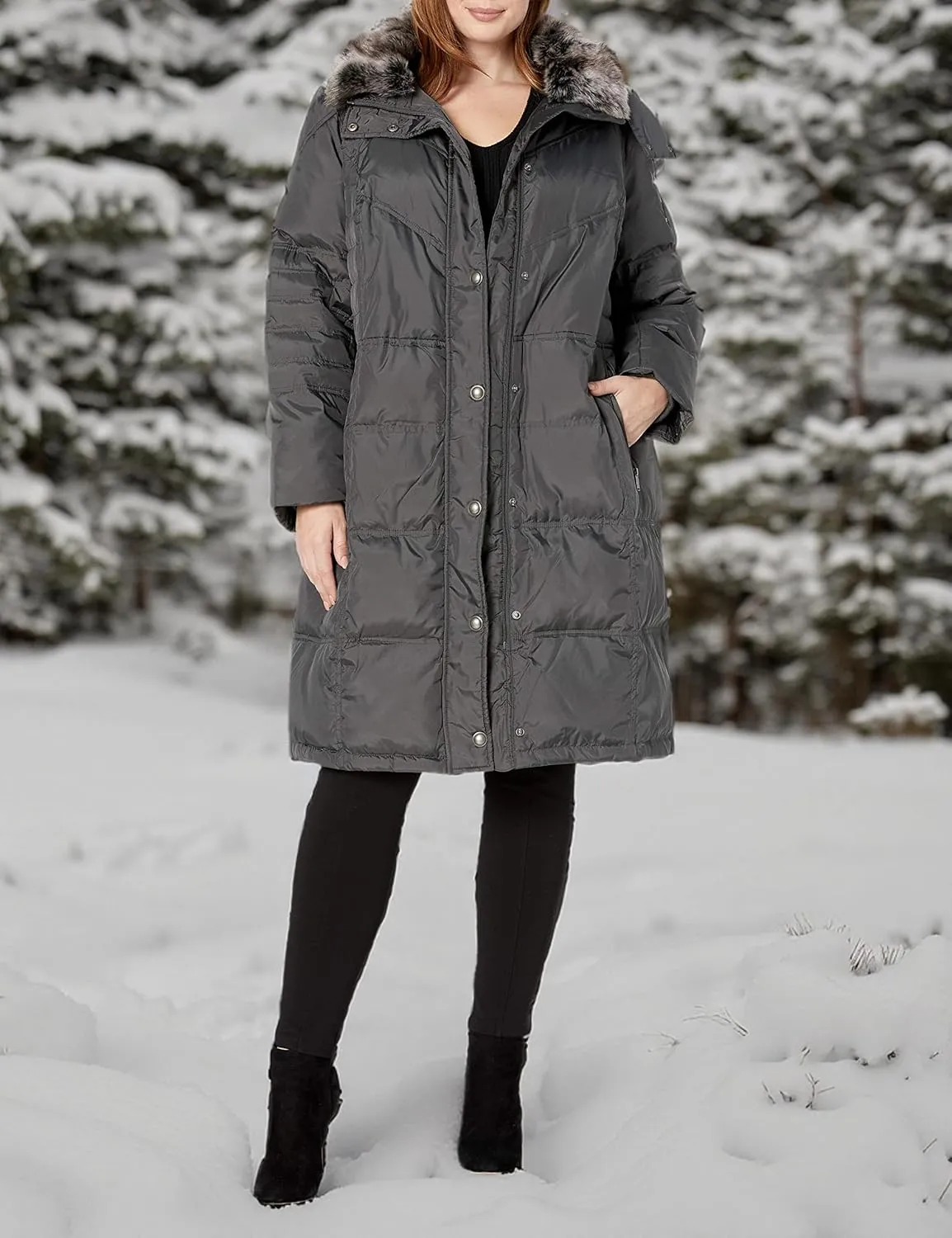 LONDON FOG Women's Plus-Size Mid-Length Faux-Fur Collar Down Coat with Hood