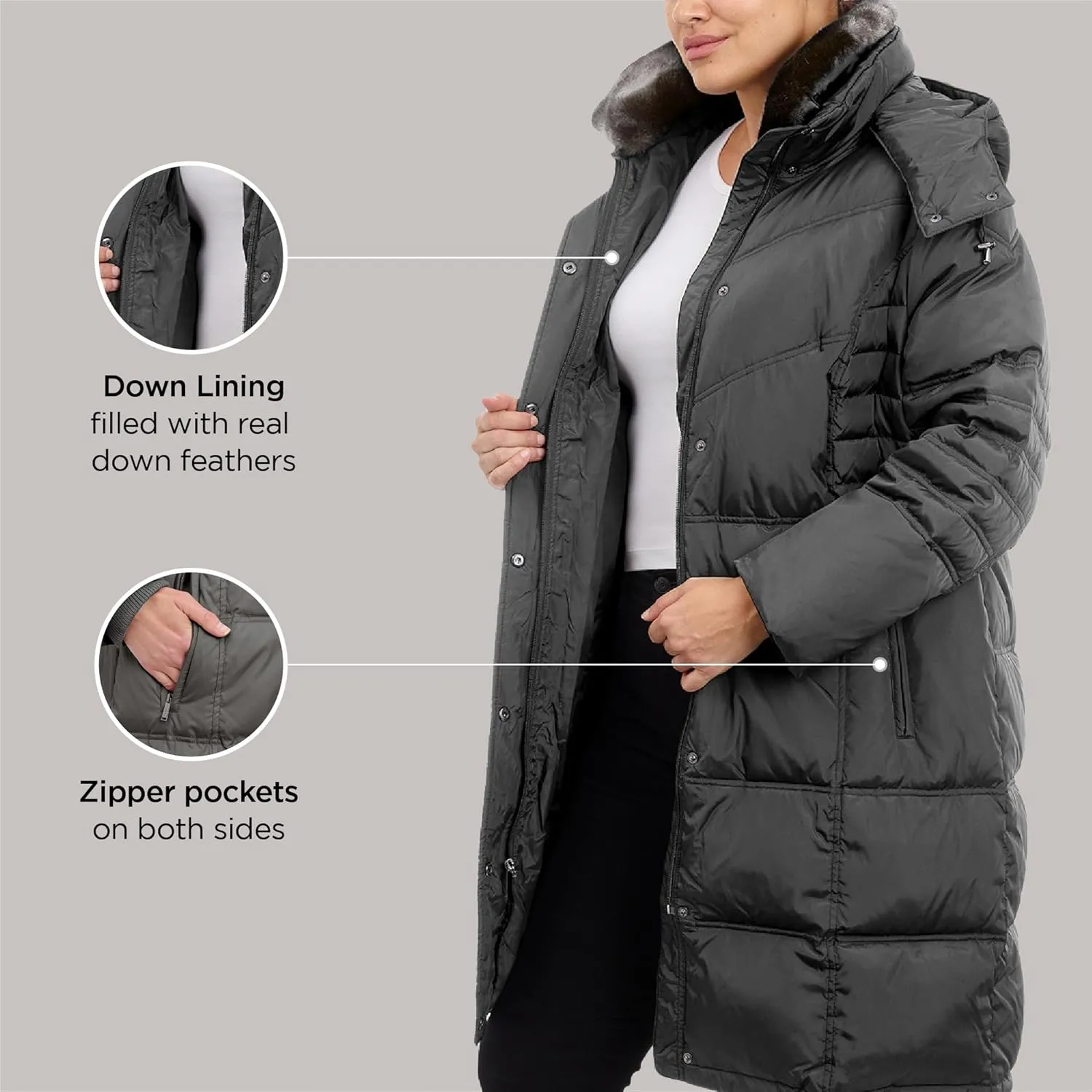 LONDON FOG Women's Plus-Size Mid-Length Faux-Fur Collar Down Coat with Hood
