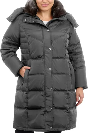 LONDON FOG Women's Plus-Size Mid-Length Faux-Fur Collar Down Coat with Hood