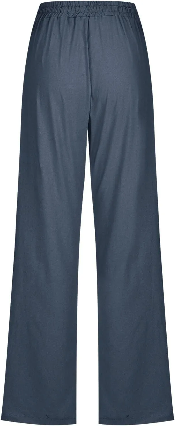 Long Linen Pants Women Summer Casual Pant 2024 Trendy 2024 Straight Leg Elastic Waisted Palazzo Trouser With Pocket