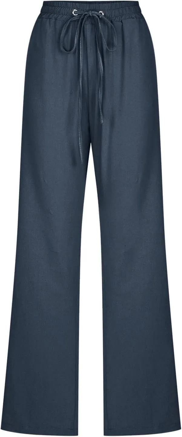 Long Linen Pants Women Summer Casual Pant 2024 Trendy 2024 Straight Leg Elastic Waisted Palazzo Trouser With Pocket