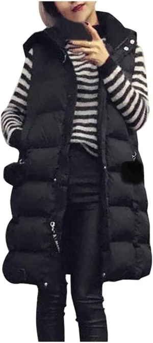 Long Puffer Vest for Women Plus Size Winter Warm Zipper Coats Sleeveless Hooded Parkas Jacket Quilted Maxi Down Vest