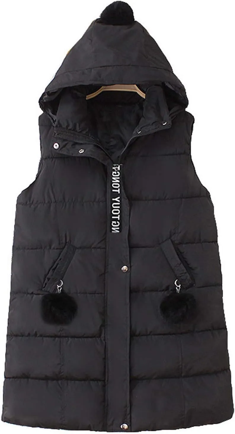 Long Puffer Vest for Women Plus Size Winter Warm Zipper Coats Sleeveless Hooded Parkas Jacket Quilted Maxi Down Vest