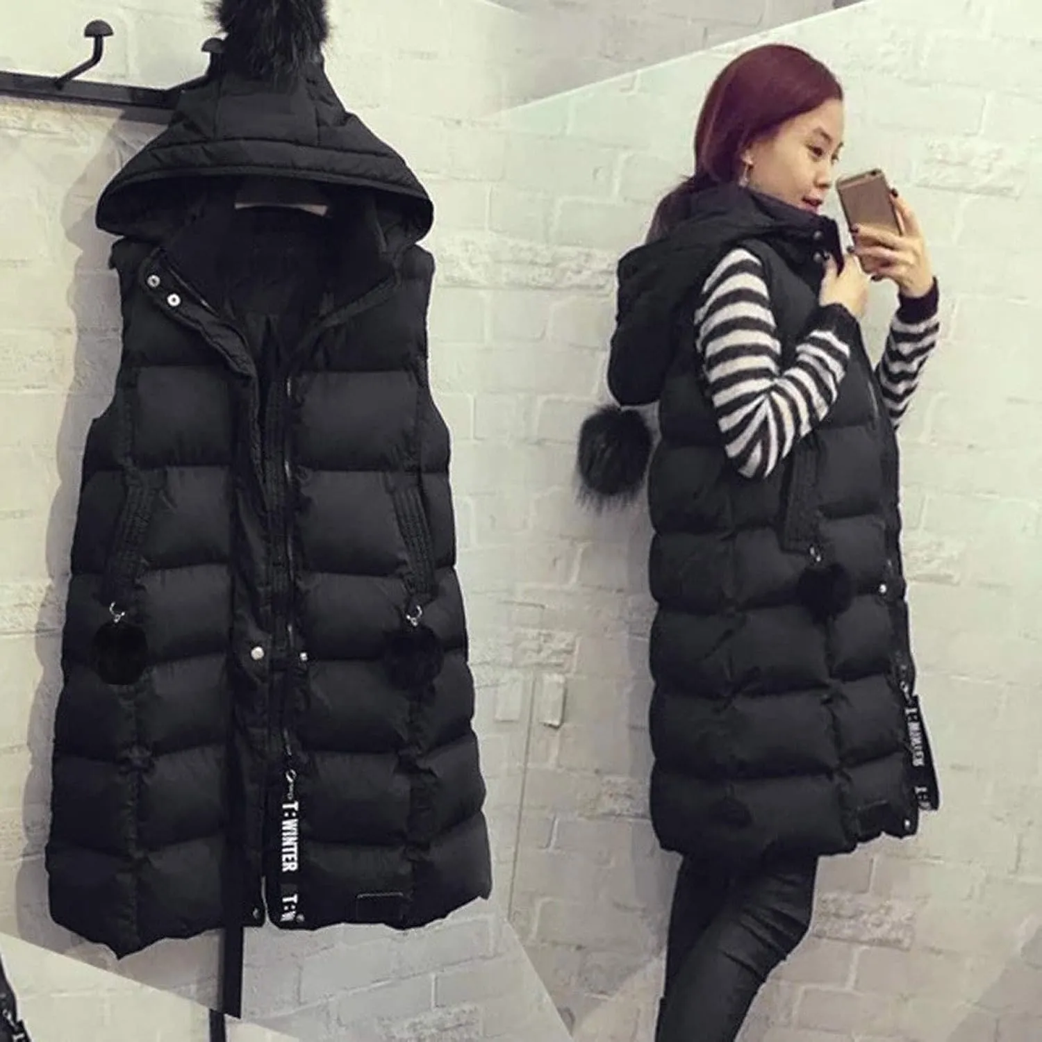 Long Puffer Vest for Women Plus Size Winter Warm Zipper Coats Sleeveless Hooded Parkas Jacket Quilted Maxi Down Vest