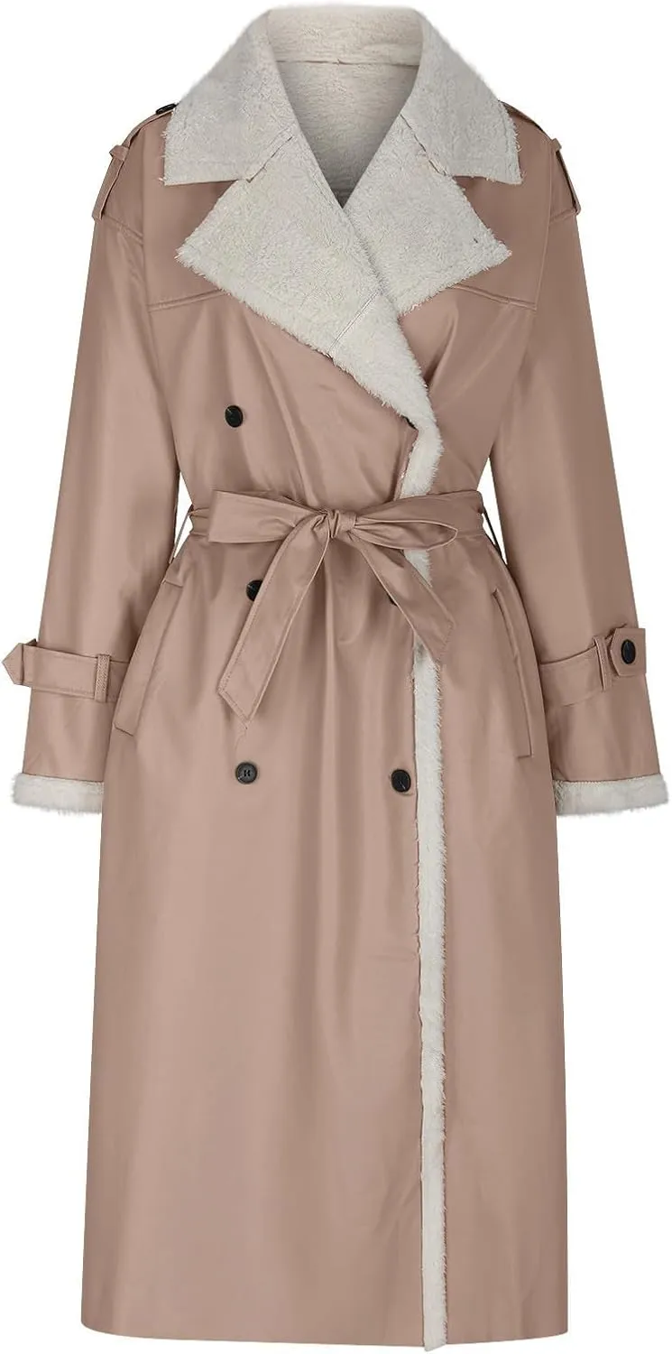 Long Trench Coat for Women Sherpa Lined Jackets Double Breasted Pea Coat Notched Lapel Collar Overcoat Outwear