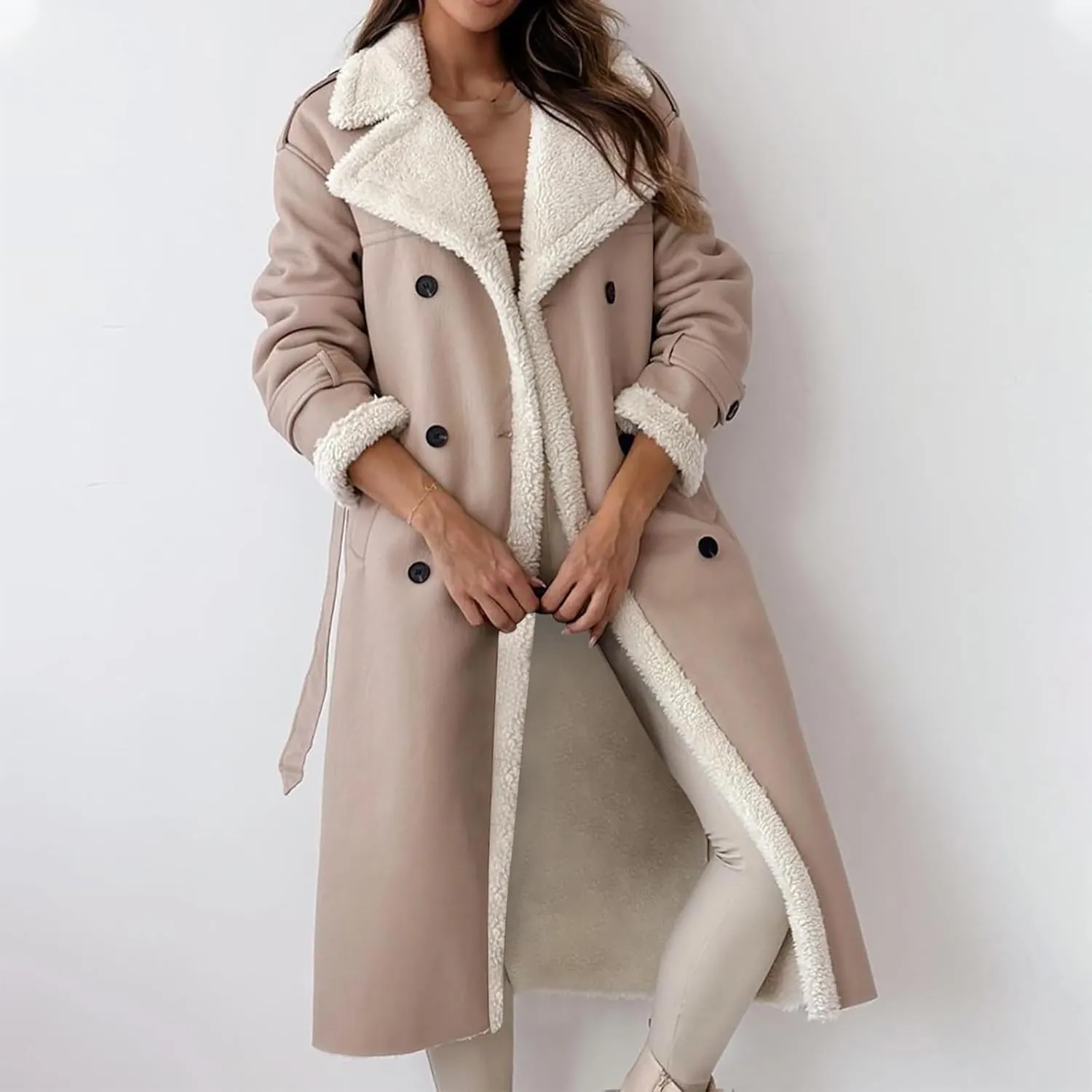 Long Trench Coat for Women Sherpa Lined Jackets Double Breasted Pea Coat Notched Lapel Collar Overcoat Outwear