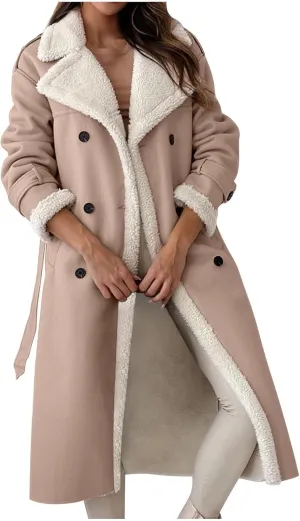 Long Trench Coat for Women Sherpa Lined Jackets Double Breasted Pea Coat Notched Lapel Collar Overcoat Outwear