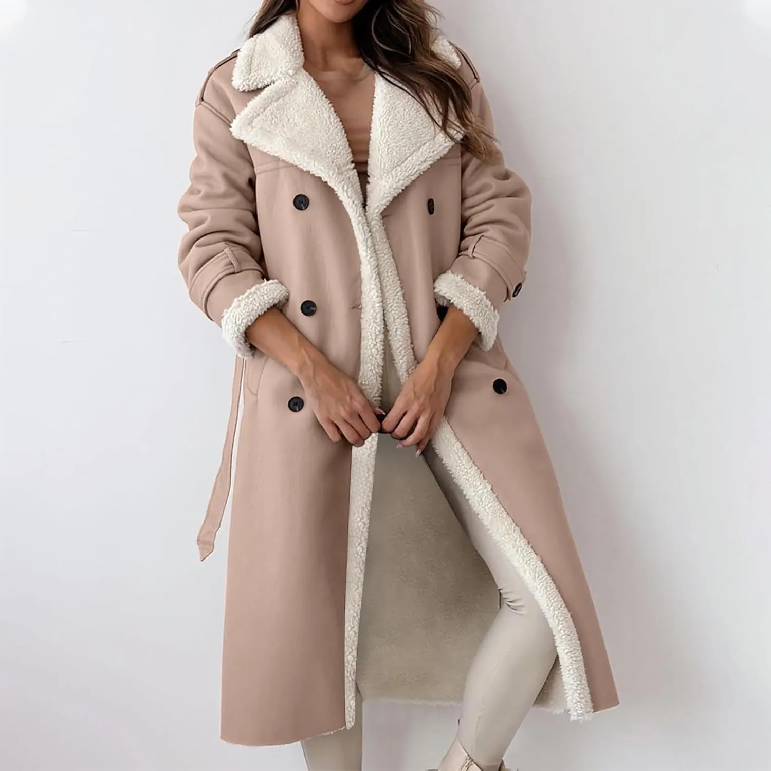 Long Trench Coat for Women Sherpa Lined Jackets Double Breasted Pea Coat Notched Lapel Collar Overcoat Outwear