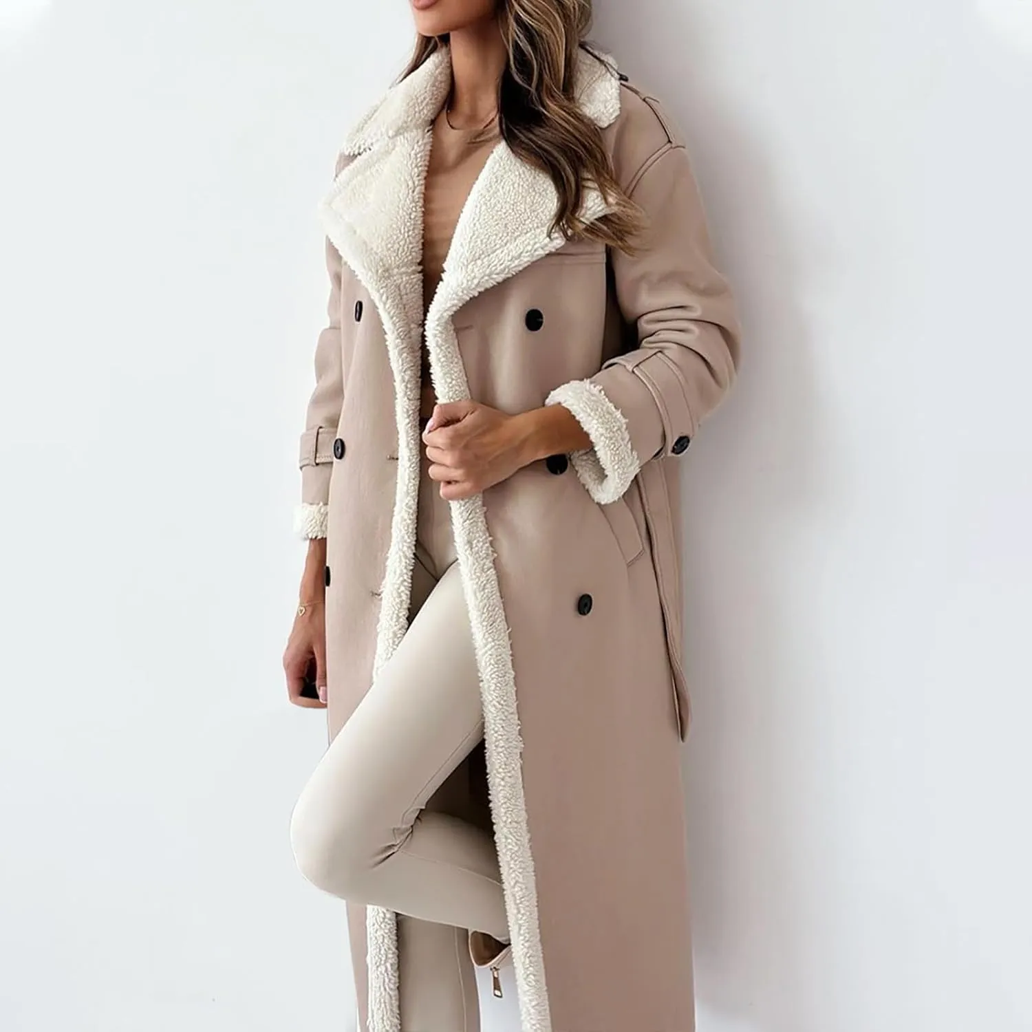 Long Trench Coat for Women Sherpa Lined Jackets Double Breasted Pea Coat Notched Lapel Collar Overcoat Outwear