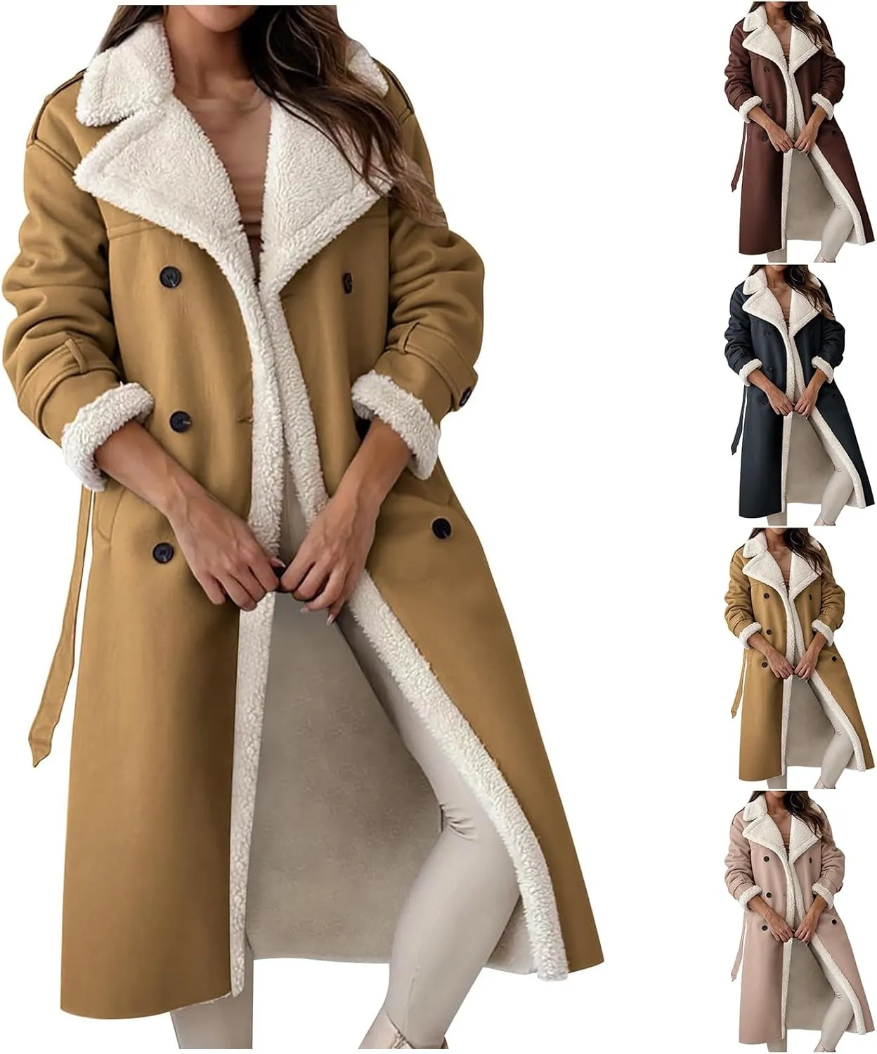Long Trench Coat for Women Sherpa Lined Jackets Double Breasted Pea Coat Notched Lapel Collar Overcoat Outwear