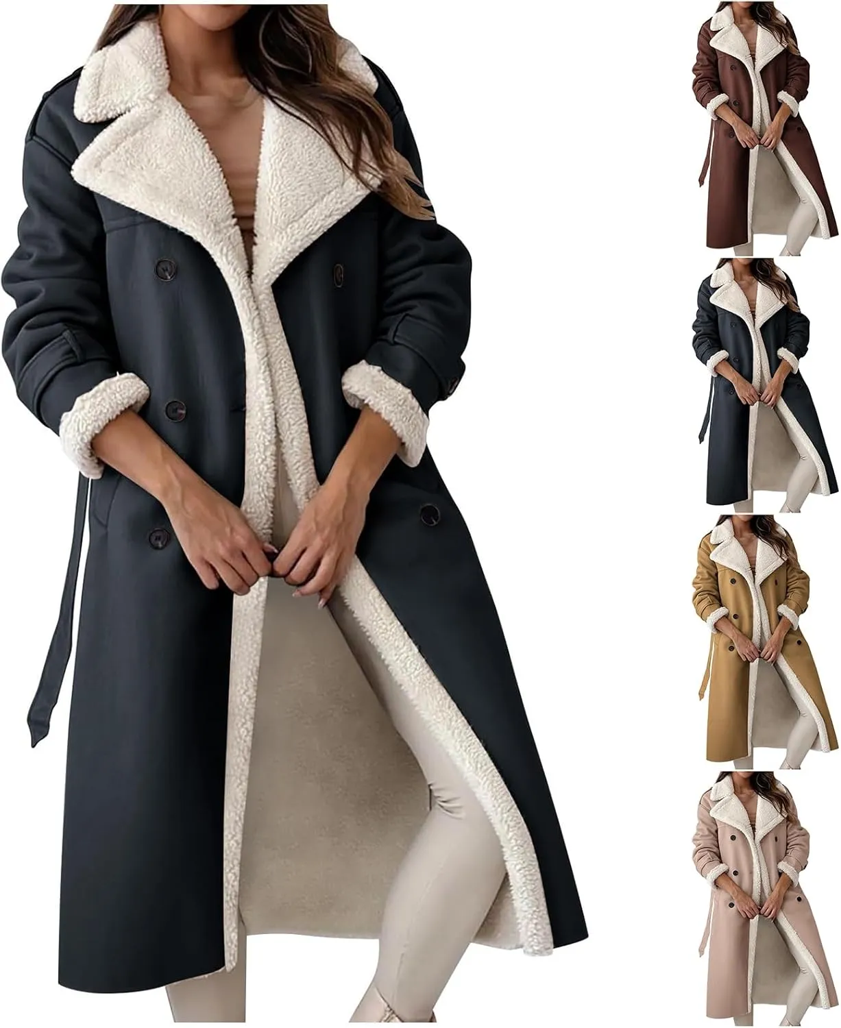 Long Winter Coats for Women Faux Leather Shearing Blazer Jacket Fuzzy Sherpa Lined Overcoat PU Trench Coat Outerwear