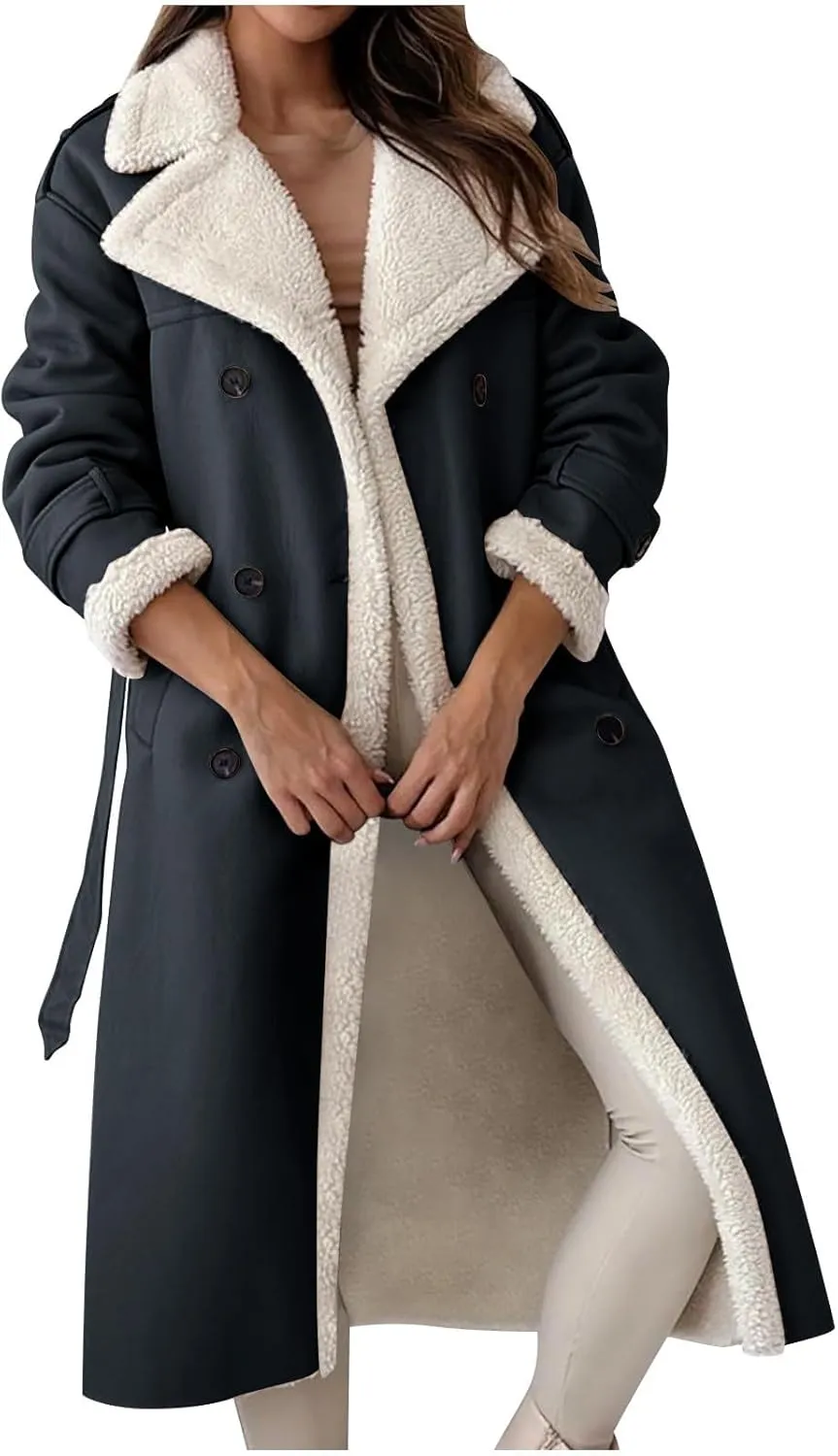 Long Winter Coats for Women Faux Leather Shearing Blazer Jacket Fuzzy Sherpa Lined Overcoat PU Trench Coat Outerwear