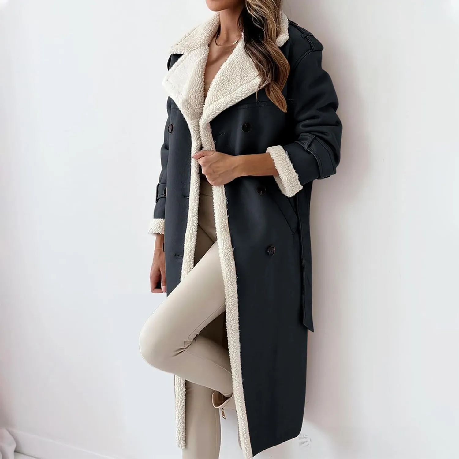 Long Winter Coats for Women Faux Leather Shearing Blazer Jacket Fuzzy Sherpa Lined Overcoat PU Trench Coat Outerwear