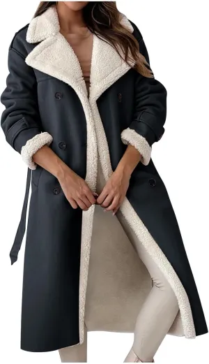 Long Winter Coats for Women Faux Leather Shearing Blazer Jacket Fuzzy Sherpa Lined Overcoat PU Trench Coat Outerwear