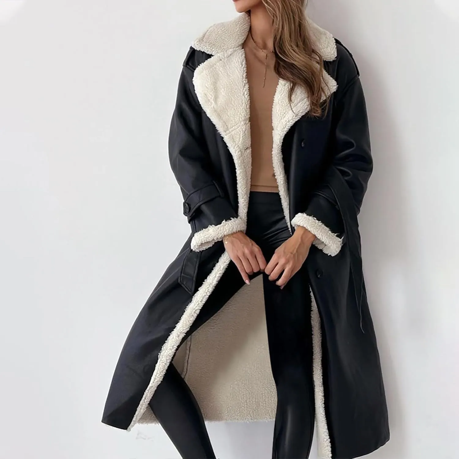Long Winter Coats for Women Faux Leather Shearing Blazer Jacket Fuzzy Sherpa Lined Overcoat PU Trench Coat Outerwear