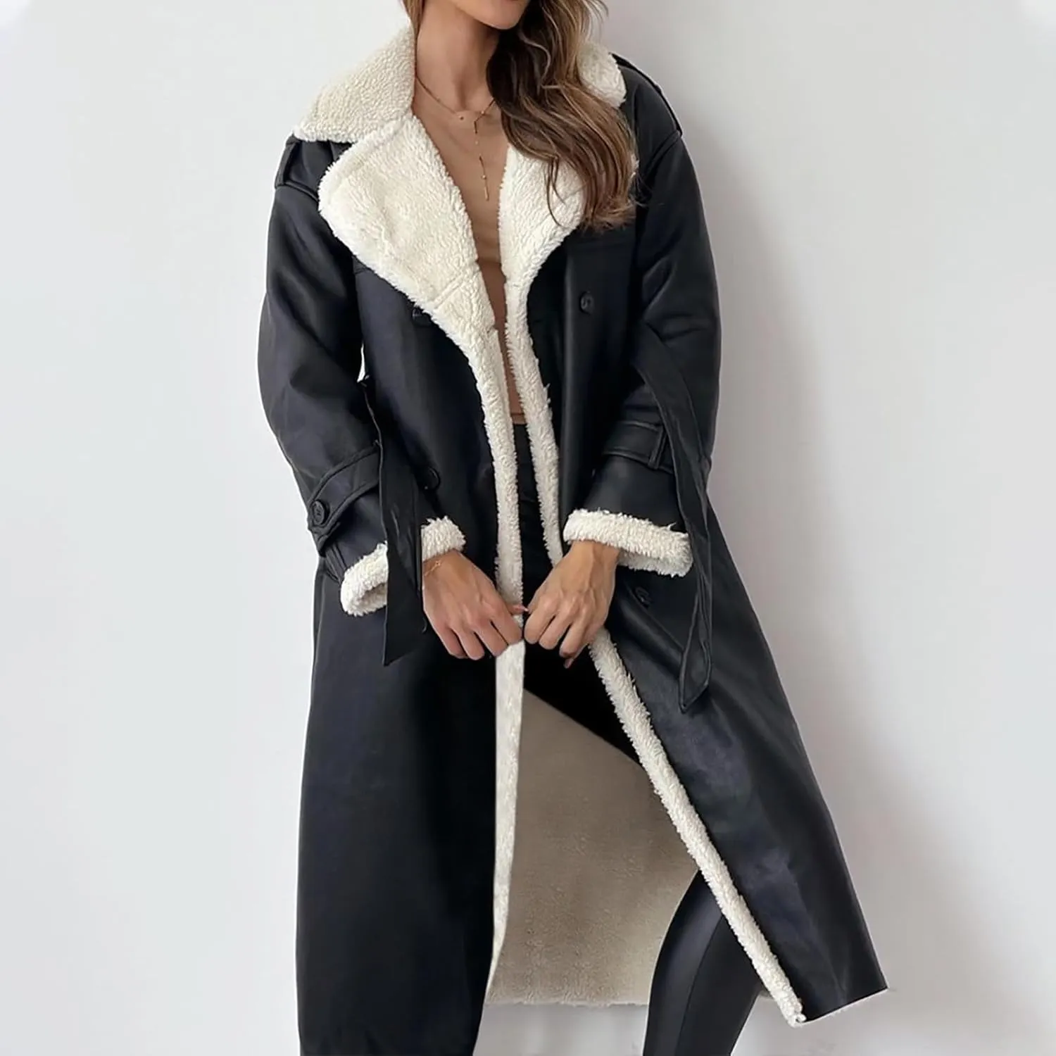 Long Winter Coats for Women Faux Leather Shearing Blazer Jacket Fuzzy Sherpa Lined Overcoat PU Trench Coat Outerwear