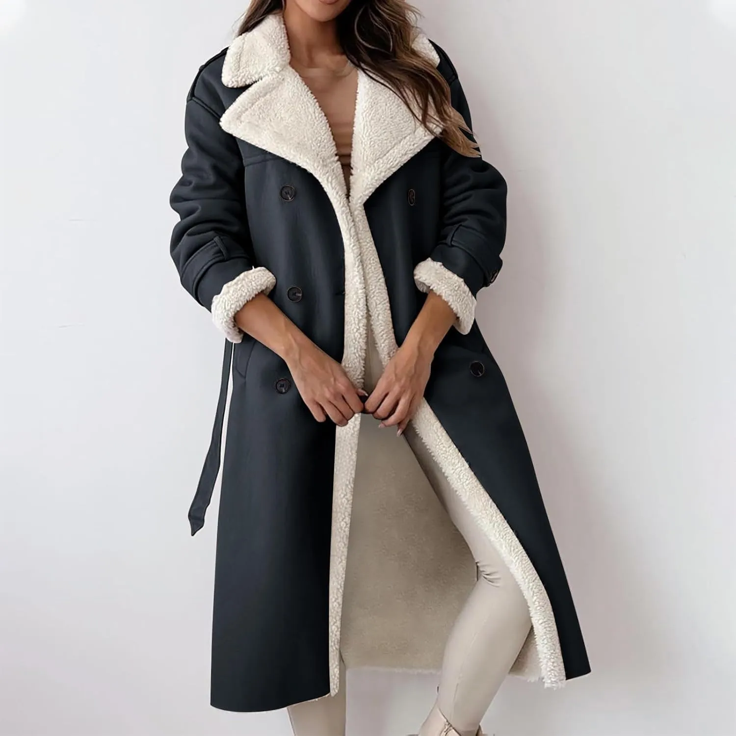 Long Winter Coats for Women Faux Leather Shearing Blazer Jacket Fuzzy Sherpa Lined Overcoat PU Trench Coat Outerwear