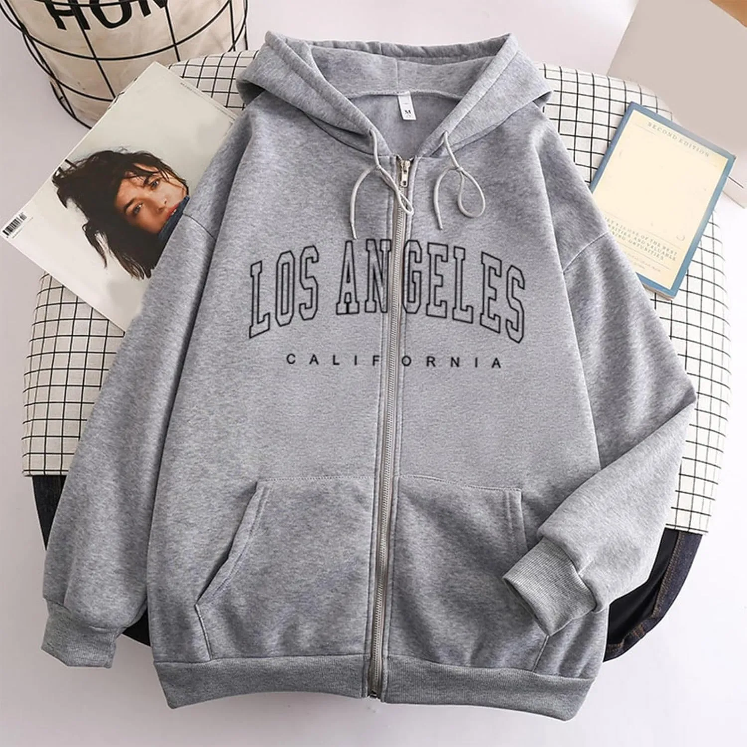 Los Angeles California - Vintage Lightweight Hoodies for Women Full Zip Up Long Sleeve Hooded Sweatshirt Coat Tunic