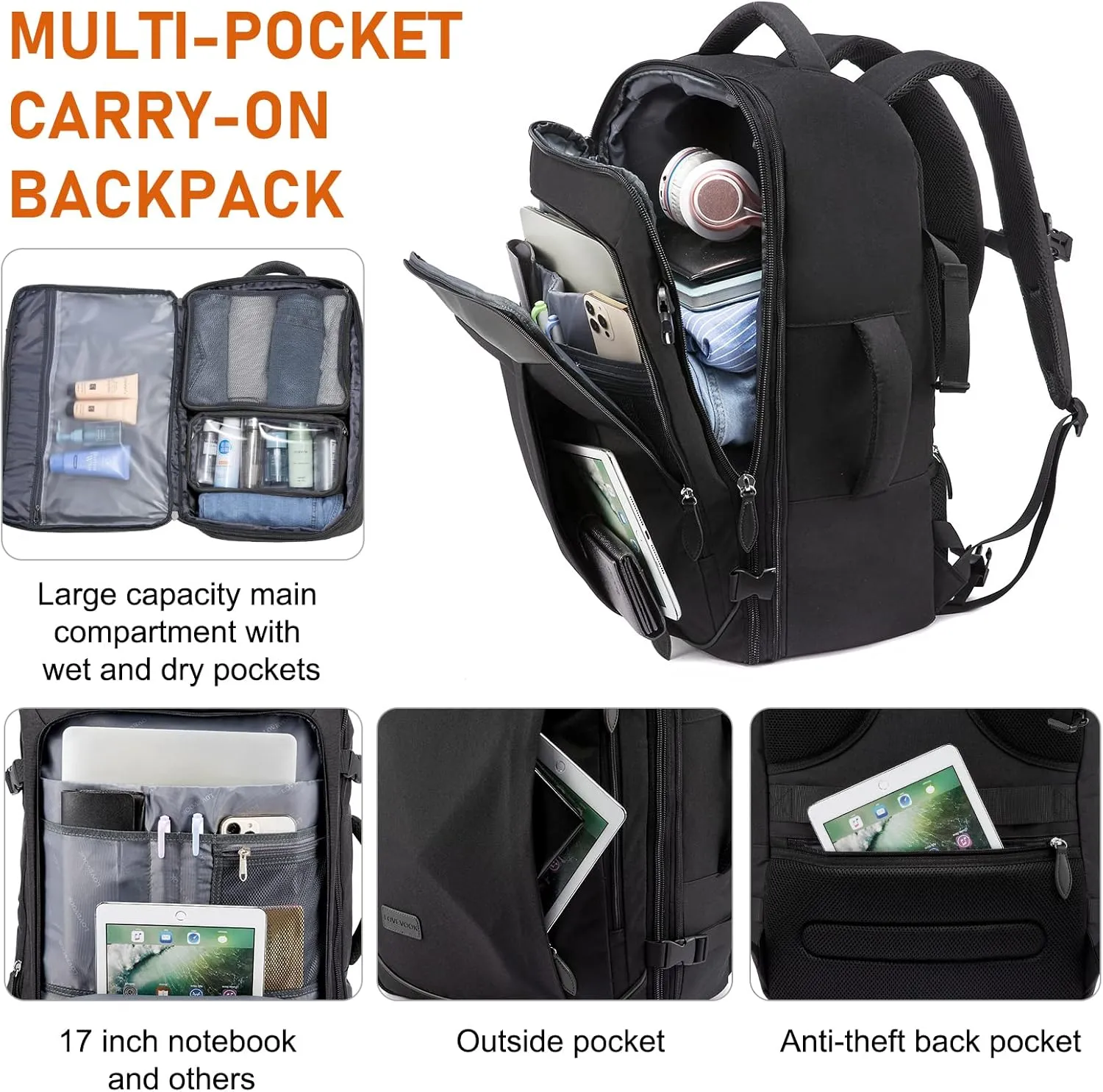 LOVEVOOK Carry on Backpack, 45L Travel Backpack for Women Men Airline Approved, Expandable Large Suitcase Backpacks With 4 Packing Cubes, Aer Travel Pack 3, Water Resistant Weekender Bag
