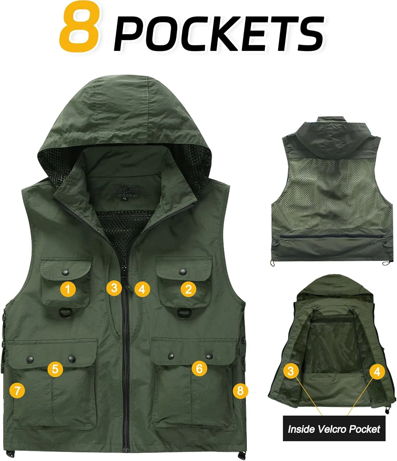 M2C Mens Hooded Mesh Multiple Pockets Traveling Vest