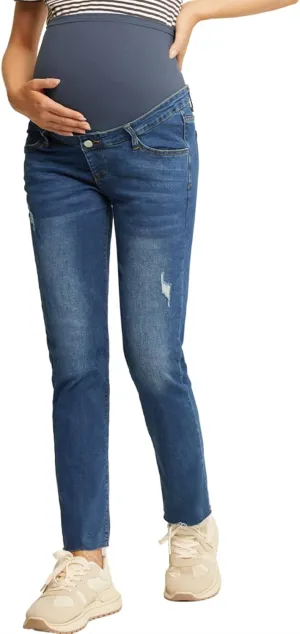 Maacie Women's Maternity Jeans Straight Leg Anti-Slip Comfy Cute Pants Over The Belly with Pockets