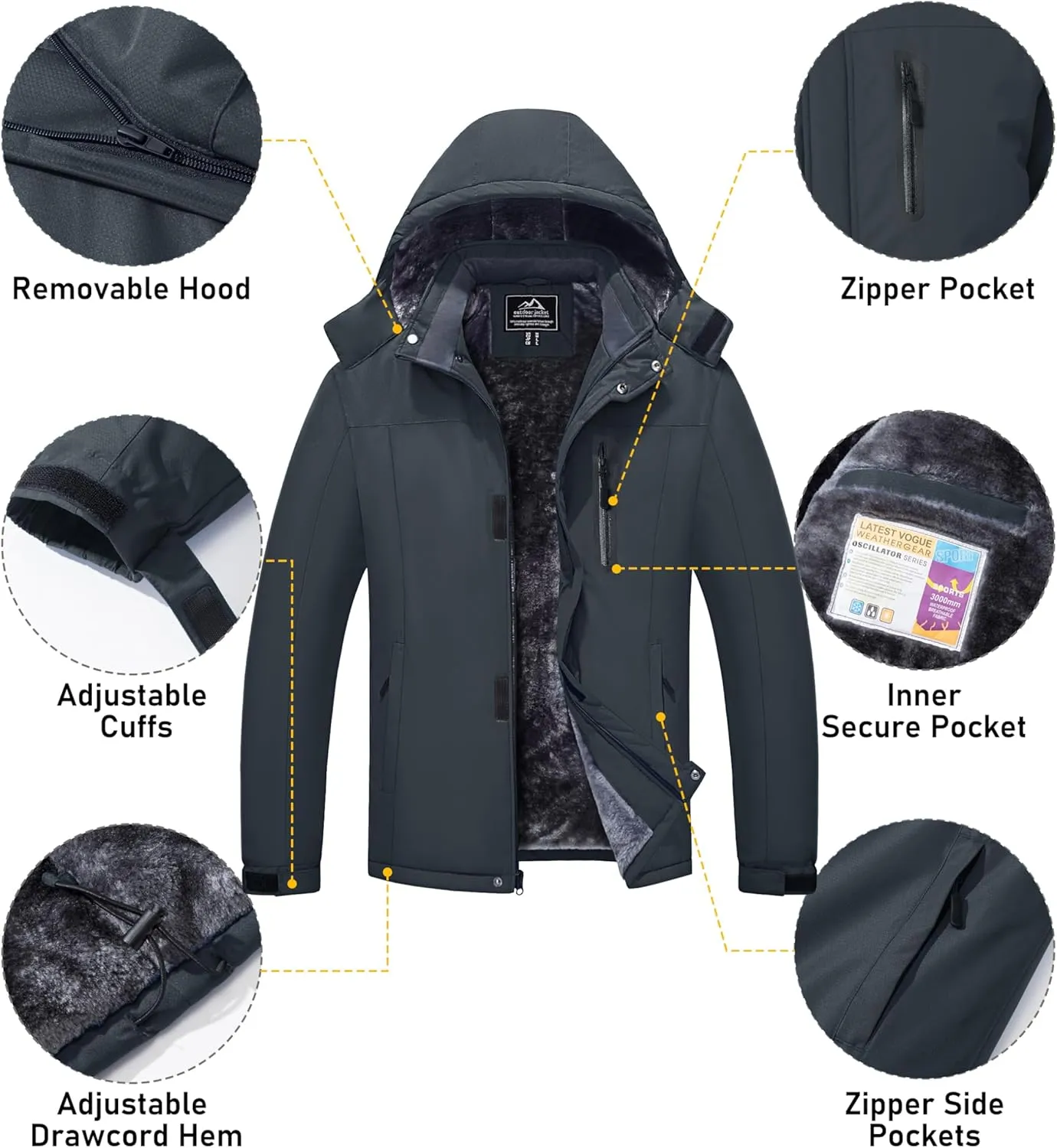 MAGCOMSEN Men's Winter Coats Ski Snow Rain Jackets Water Resistant with Hood Warm Fleece Parka Hiking Fishing Work