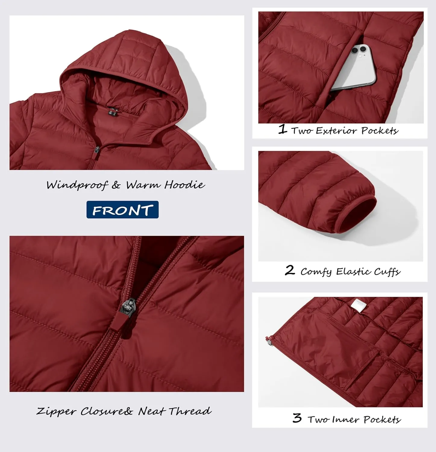 MAGCOMSEN Women's Hooded Puffer Jacket Lightweight Quilted Padded Coat 4 Pockets Zip-up Winter Warm Outerwear