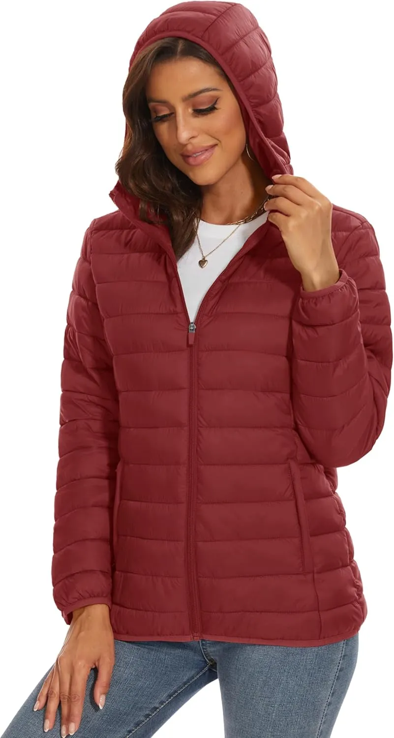 MAGCOMSEN Women's Hooded Puffer Jacket Lightweight Quilted Padded Coat 4 Pockets Zip-up Winter Warm Outerwear