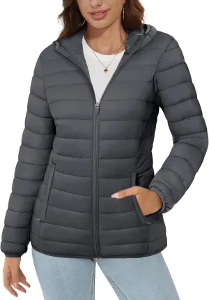 MAGCOMSEN Women's Hooded Puffer Jacket Lightweight Quilted Padded Coat 4 Pockets Zip-up Winter Warm Outerwear